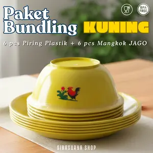 [PAKET BUNDLING 1 LUSIN] 6 pcs Piring Makan Plastik KUNING + 6 pcs Mangkok Jago KUNING - 12 item dengan 2 produk berbeda dalam 1 paket hemat