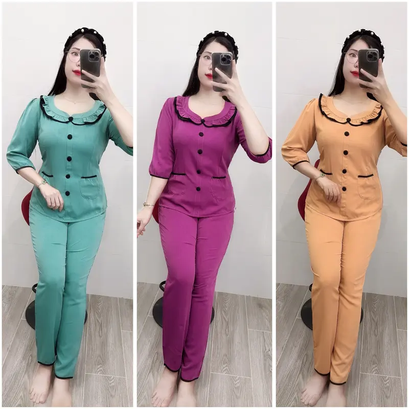 Đồ Bộ Nữ Áo Tay Lỡ Quần Dài, Vải Đũi Lạnh Mặc Mát, có Co Giãn, Nhiều Mầu Sắc Thanh Lịch Thích Hợp Cho Mọi Lứa Tuổi( Women) 2