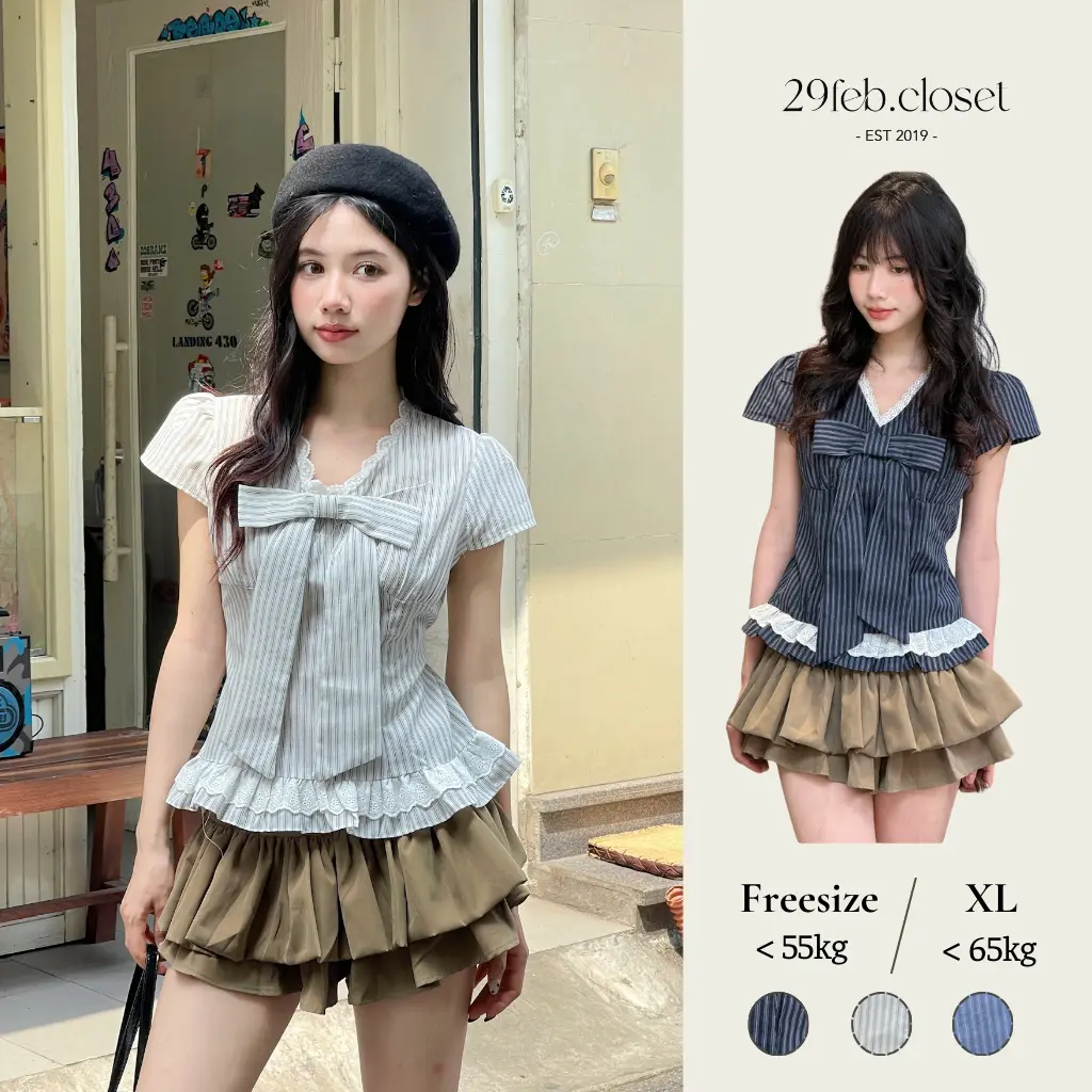 Áo sơ mi kẻ sọc cổ tim phối ren kèm nơ xinh xắn, Áo kiểu bèo gấu dễ thương thời trang hè - 29feb.closet - A560 | BigBuy360 - bigbuy360.vn