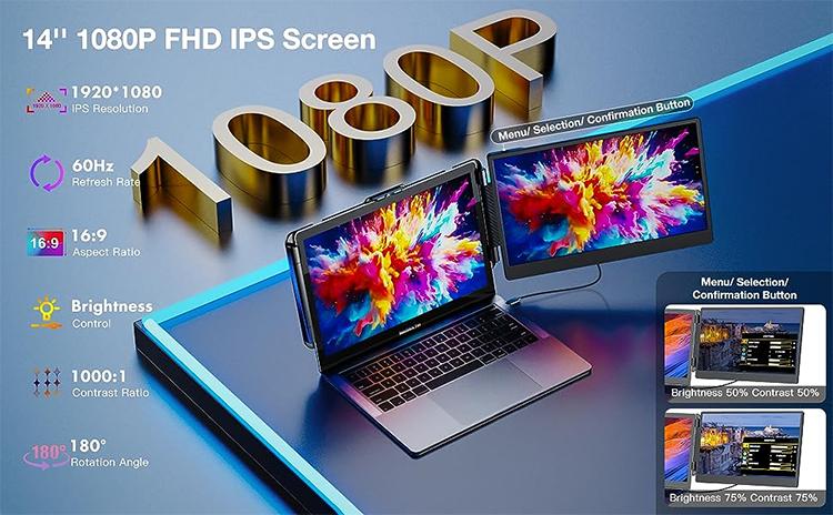Product Introduction of Portable Monitor for Laptop, 14 Inch FHD 1080P IPS Laptop Screen Extender with Built-in Stand and Speakers, HDMI/Type-C Plug and Play Display for 13"-17" Laptops 0