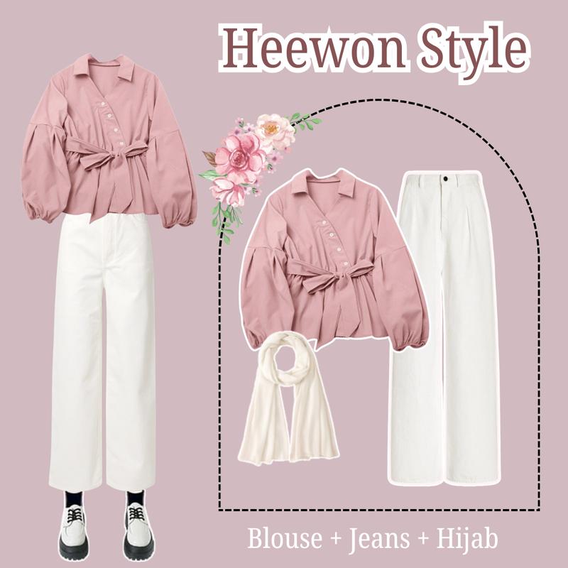 DresyChic One Set Heewon { Blouse + Celana Jeans + Hijab } One Set Wanita Hijab Kekinian Korean Style. 0