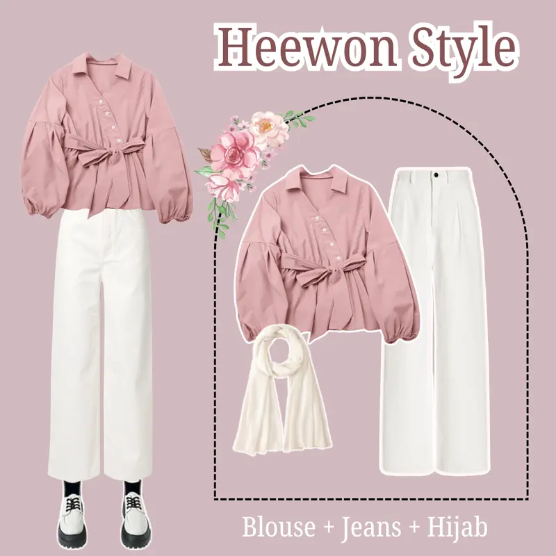 DresyChic One Set Heewon { Blouse + Celana Jeans + Hijab } One Set Wanita Hijab Kekinian Korean Style. 0