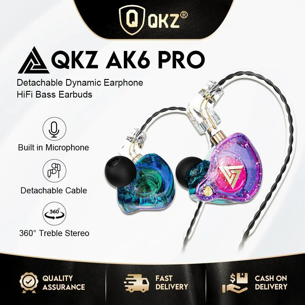 QKZ Ak6 Pro Earphone Asli Monitor Earbud Bass Hi-Fi Berkabel dengan Headset Gaming Kabel Dapat Dilepas