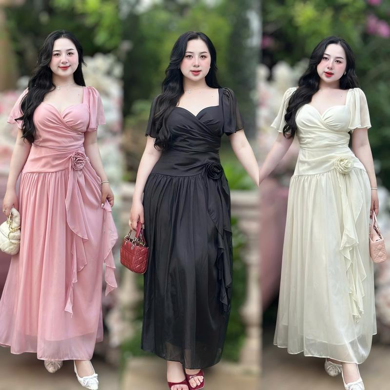 Váy maxi dáng dài BIGSIZE 50-120kg thanh lịch che bụng che bắp tay tốt đi làm đi chơi đi tiệc đều hợp- Ú XINH STORE Đen Nữ Dress - D194- MAXI TẰM 3 MÀU