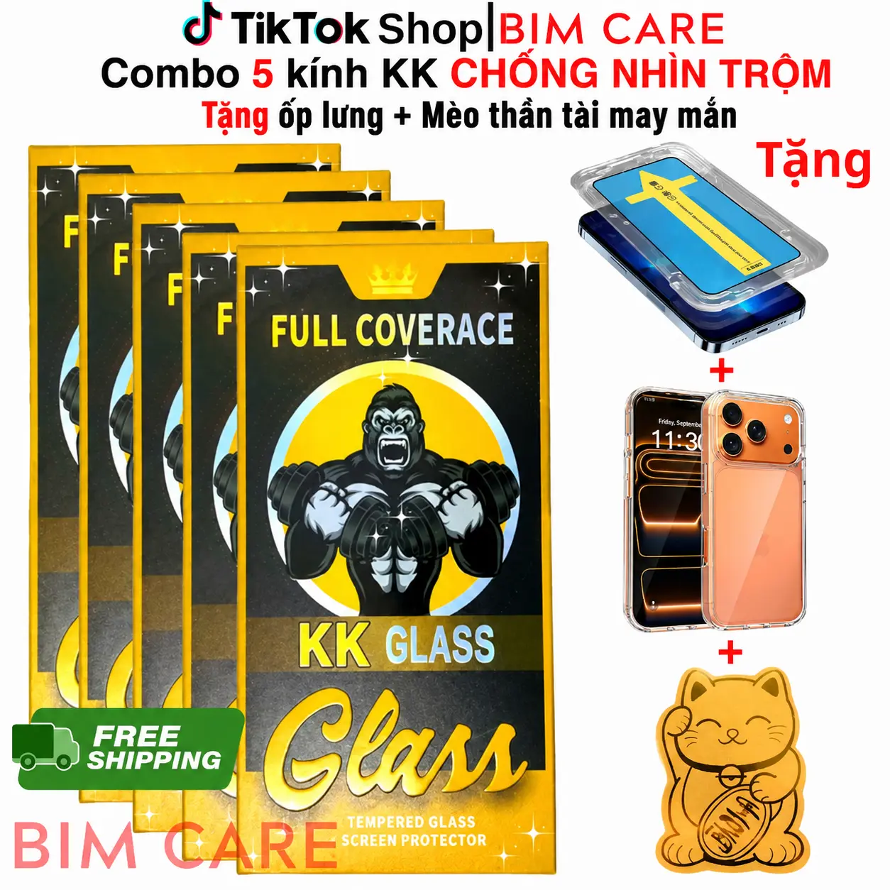 (CHỐNG NHÌN TRỘM) Kính Cường Lực KK Glass Chống Nhìn Trộm dành Cho iPhone Có Khung Tự Dán Tại Nhà Tặng 1 Ốp Trong Chống Sốc + 1 Mèo Thần Tài May Mắn khi mua combo 5 BIMCARE