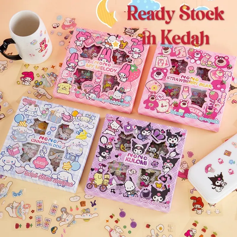 100PCS/set Kawaii Girly Plants PET Journals Stickers Set Decorative Scrapbooking Supplies Kuromi and Friends sticker  Pink Murah Diary Scrapbook  Diy Handbook Album Planners Calendars