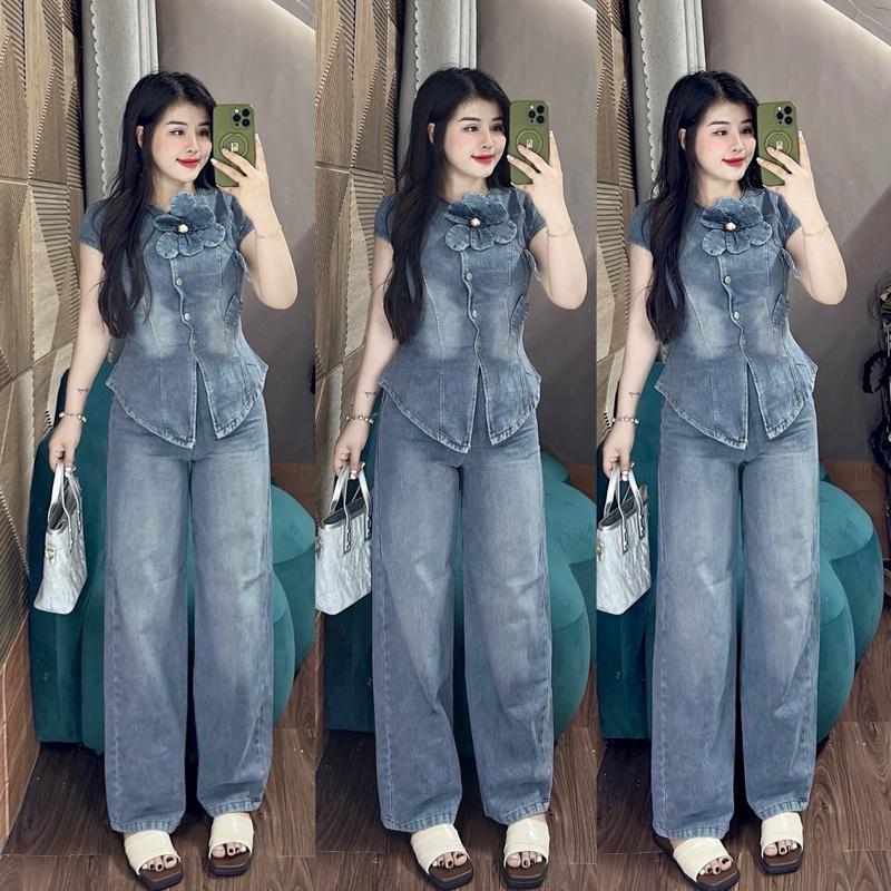 Bộ jean áo ngắn tay gài nút may túi kiểu quần dài ống suông lưng thun Top Women Nữ