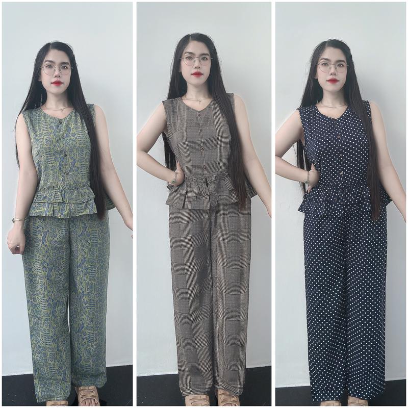 Đồ Bộ Nữ Áo Nhúng Bèo Phối Quần Ống Suông, Thiết Kế Sang Trọng Thích Hợp Cho Mọi Lứa Tuổi, Chất Vải Mango Mịn Mát