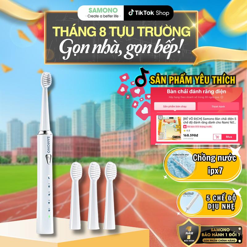 [RẺ VÔ ĐỊCH] Samono Bàn chải điện 5 chế độ đánh răng dành cho Nam/ Nữ Bảo Hành 12 Thangs,  4 đầu bàn chải thay thế mềm mại, đánh tẳng tốt SW-ET01, người lớn và răng bé đều sử dụng được bàn chải