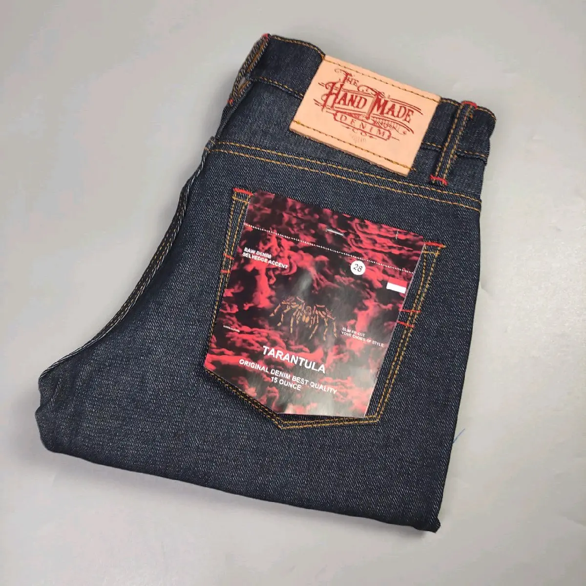 Jeans denim selvedge accent 15oz handmade tarantula original Celana Pria Casual slimfit