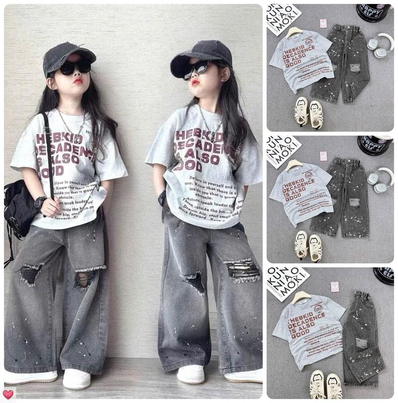 MinMinKid2 17-50kg dưới 1m6 Set áo thun cotton LOANG XÁM in chữ phối quần jean rách cá tính cho bé trai và bé gái