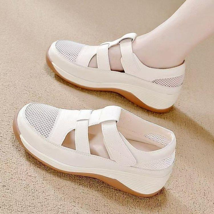 Giày sandal nữ thoáng khí với lưới đan lỗ, đế dày kiểu platform và gót nâng cao, không gây mỏi chân, phù hợp cho mẹ trung niên, chống trượt, dễ phối đồ, phong cách thường ngày.