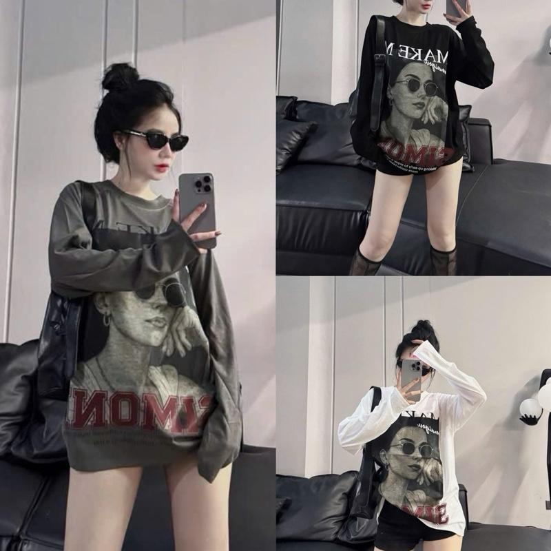 ( Chất thun giấy mùa thu ) Áo Nữ Mặc Thu Dài Tay Cổ Tròn From Dáng Rộng Hoạ Tiết Hình in Chất Liệu Thun Giấy MS346