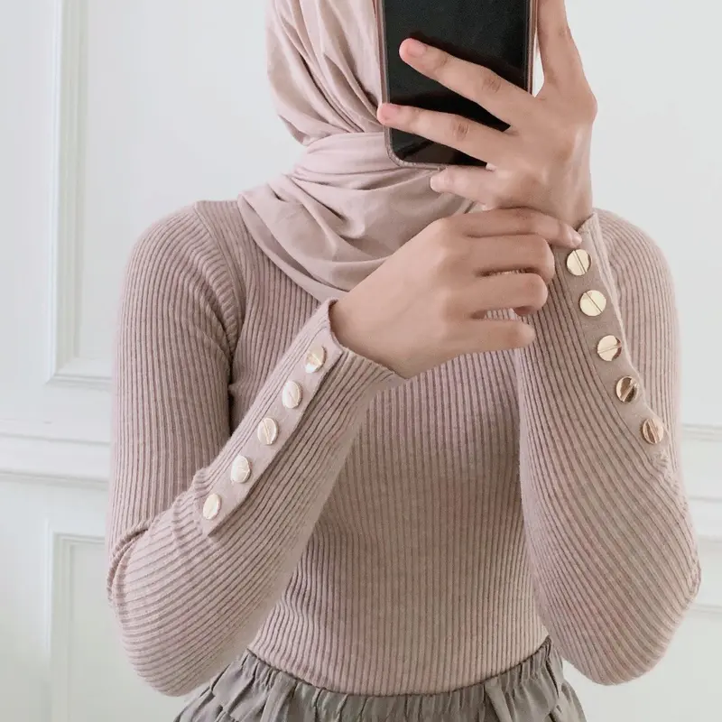 Inara Top Rib knit Button - Atasan iner wanita Polos Turtleneck Kancing Panjang 2
