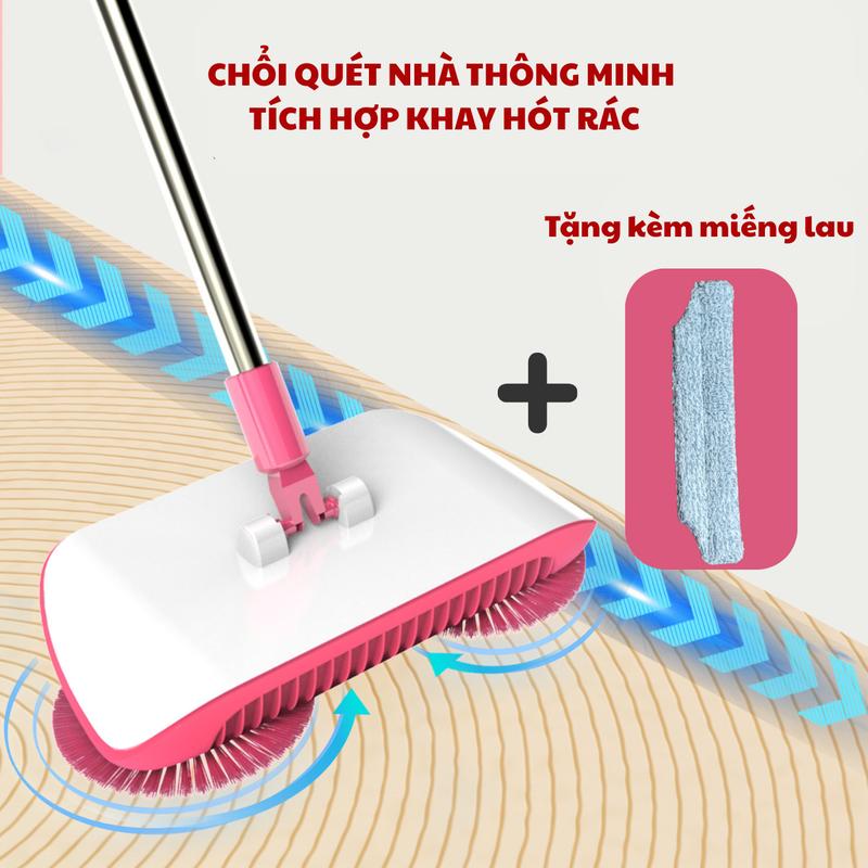 [Tặng kèm miếng lau] Chổi Quét Nhà Thông Minh 3 trong 1, Vừa Quét Vừa Lau Tích Hợp Khay Hót Rác, Cây Lau Nhà Thông Minh Ngăn Bụi Mịn Mops