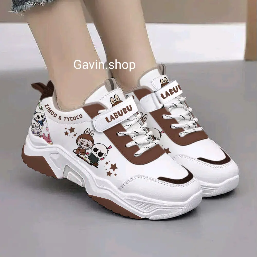 Sepatu Boneka Labubu Sneakers Anak Wanita/Cewe/Perempuan warna cokelat size 26-35 Anti slip Fashion