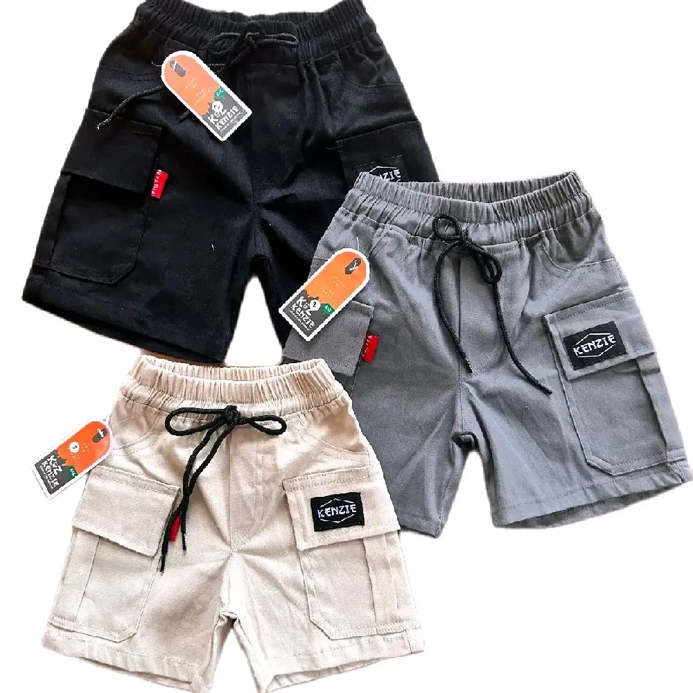 Kenzie Grosir (PAKET 3 PCS) Celana Pendek Cargo Anak Laki-Laki 1-12 Tahun Katun Hitam/Abu-Abu/Krem Fashion Anak-Anak dengan Saku Kantong Aktif & Pinggang Full Karet