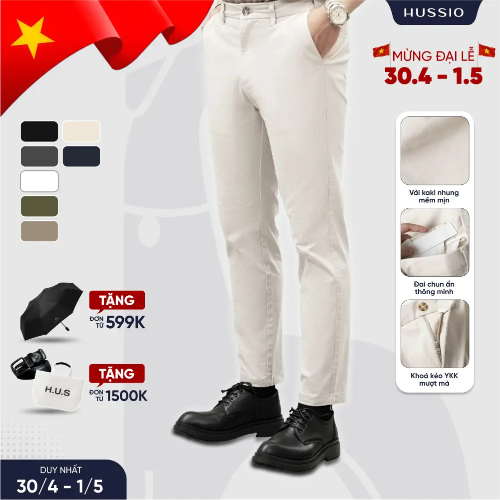 Quần nam CHINOS vải KAKI nhung, co giãn, mềm mịn, thanh lịch - HUSSIO