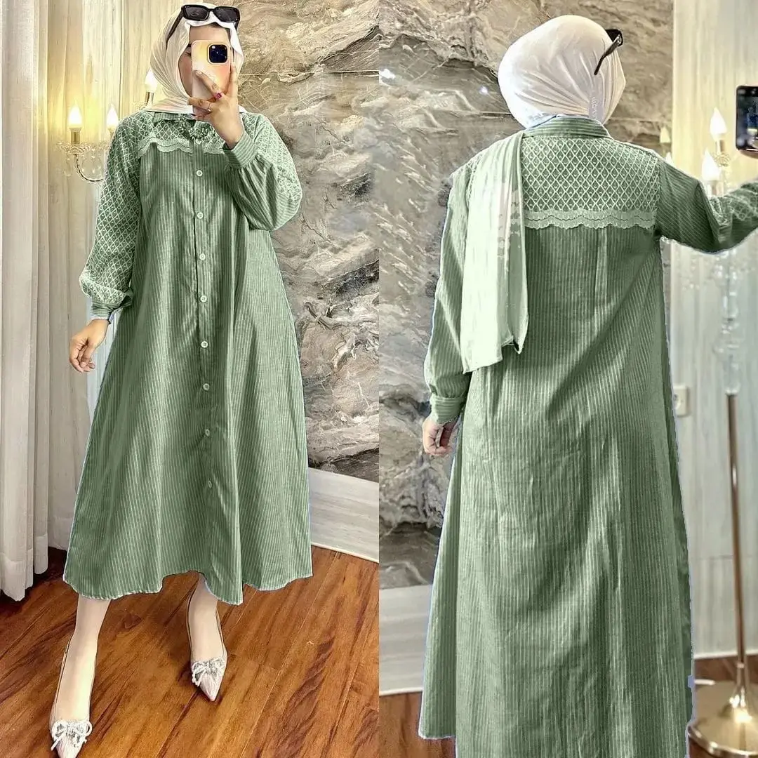 Bisa COD - Gaudi midi salur full Kancing Aktif Ukuran Jumbo LD 120 Bahan Kattun mix Brukat Premium Long tunik Salur wanita Dewasa Muslim Style OOTD Midi Dress kekinian Bahan Adem Size L XL XXL Harga Murah terlaris 2024