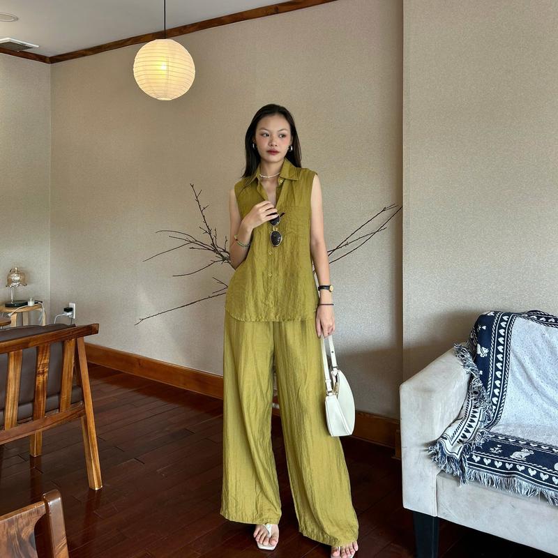  S144 SET ĐỒ NỮ PHOM ÁO SƠMI SÁT NÁCH KÈM QUẦN SUÔNG DÀI CHẤT LINEN VÂN GỖ SIZE 1 2 tổng hợp các set đồ nữ đẹp Women Kem Top - set đồ sang chảnh nữ 