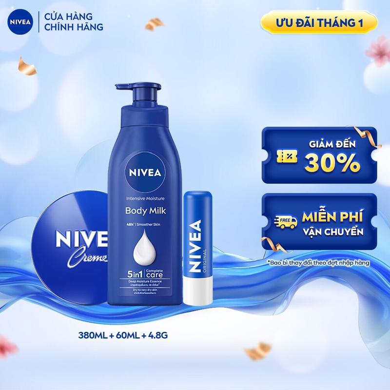  Bộ SP Dưỡng ẩm chuyên sâu: 01 Sữa Dưỡng Thể Body Milk Vitamin E  380ml  & 01 Kem Dưỡng Ẩm Nivea Creme  60ml  & 01 Son dưỡng ẩm môi Original Care  4.8g - 98940+80102+85061 