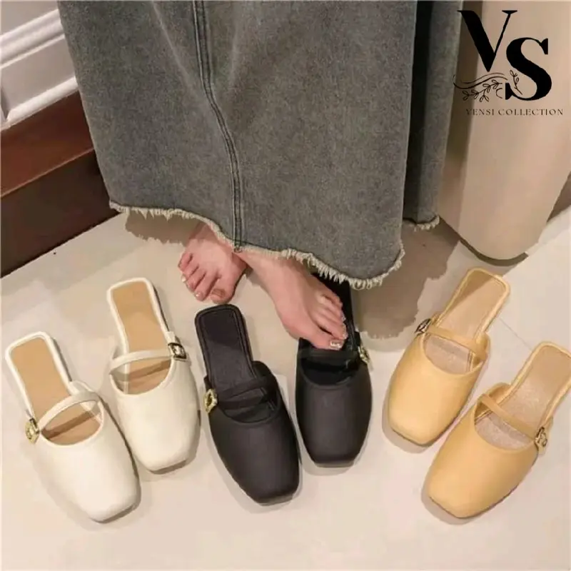 Sandal Wanita Flat Mules – Sandal Elegan dengan Aksen Gold (Size 36-41) 0