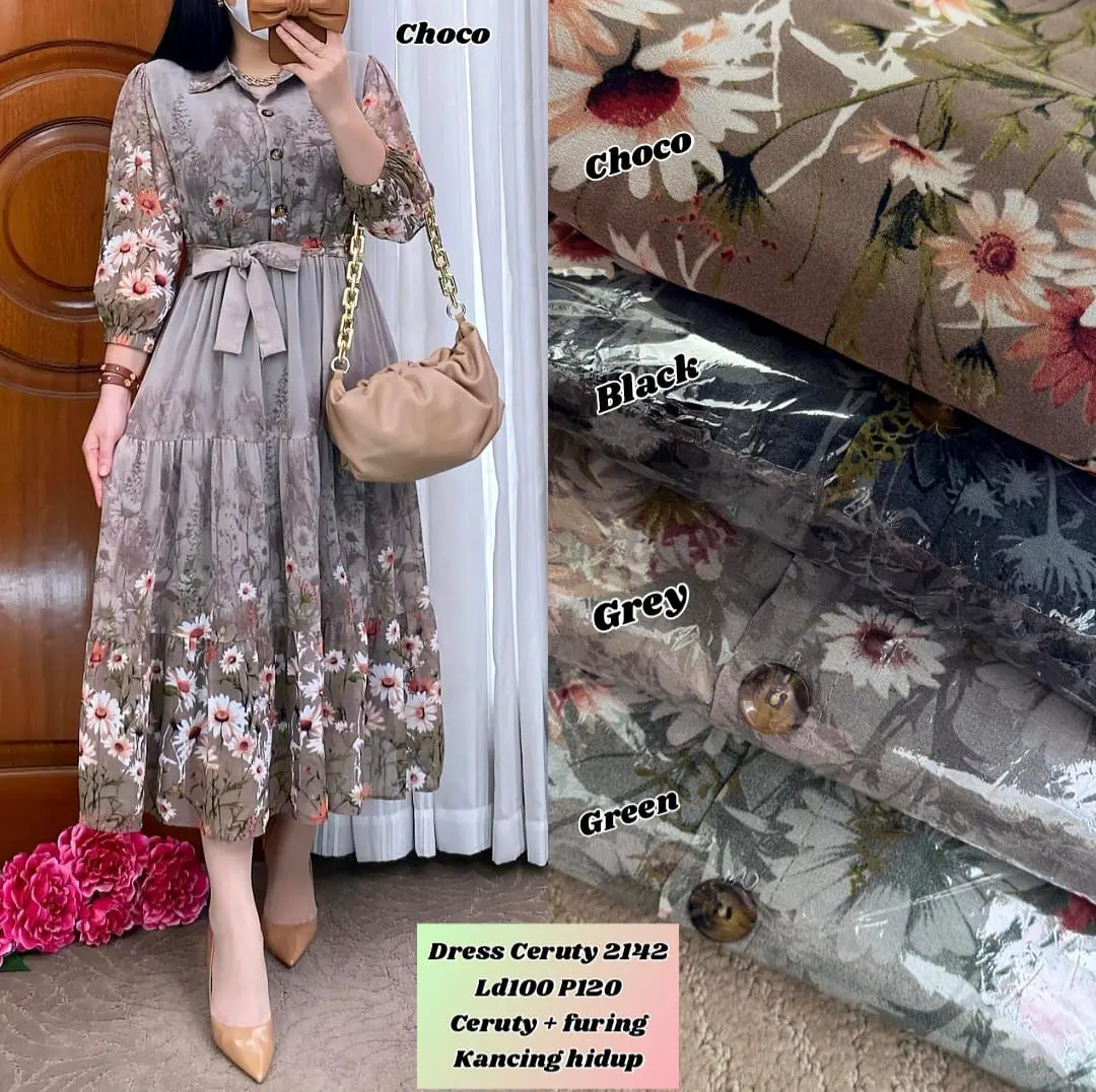 MIBY - Dress Ceruty 2142 - Baju Lebaran - Gamis Kekinian - Dress Bunga - Dress Premium Muslim Wanita Remaja