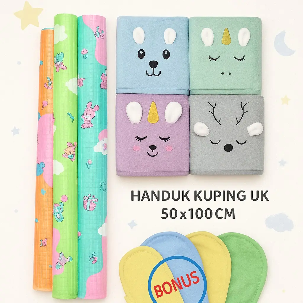 PAKET HEMAT - PERLAK BAYI + HANDUK BAYI BAHAN MIKROFIBER FREE WASLAP 3PCS Perlengkapan Bayi Brojol