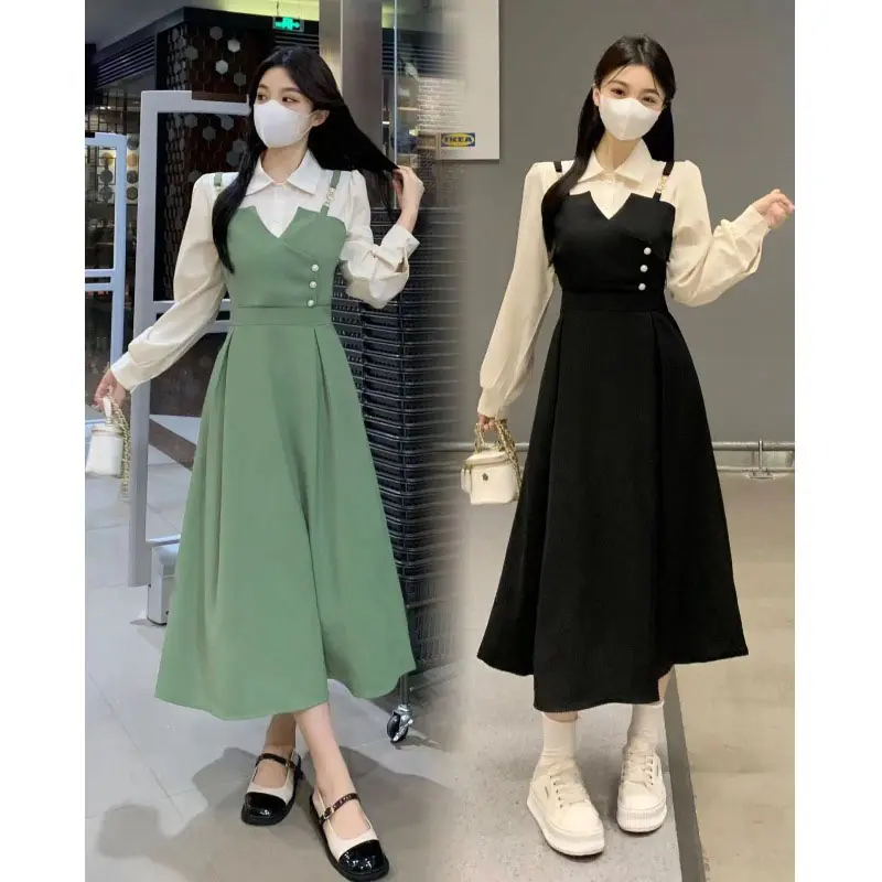 Fake two-piece long sleeved dress slimming casual long dress s-XL