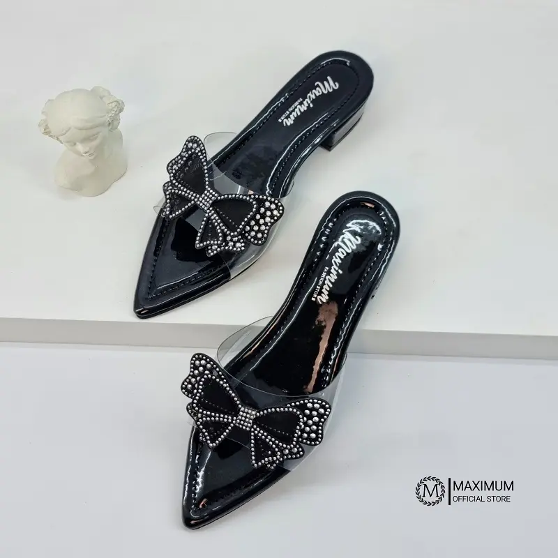 Maximum - Sandria Sandal Flat Hak 3cm Wanita Ujung Lancip Sandal Premium heels runcing Hitam Karet Pesta Shoes 2