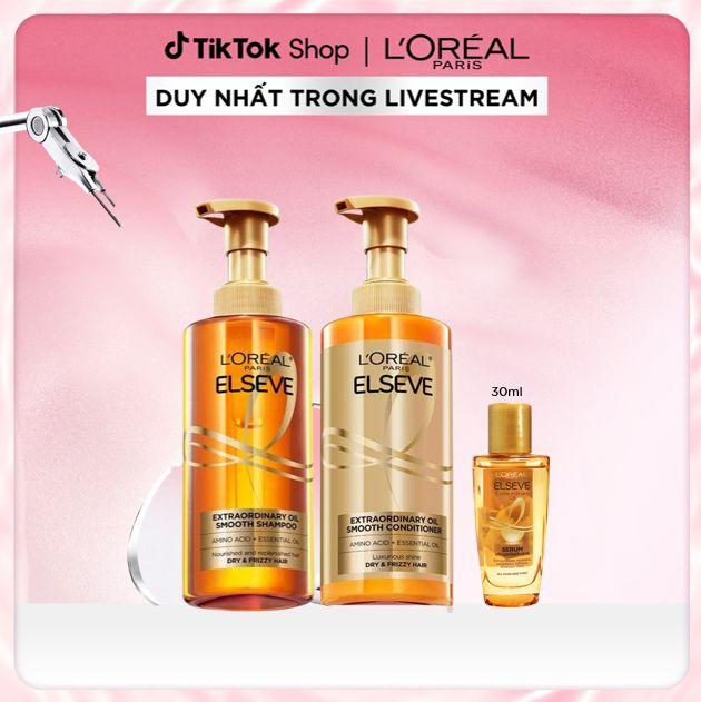 Bộ gội xả dưỡng tóc suôn mượt tóc cao cấp L'Oreal Paris Sleek 440ml x2 & Dầu dưỡng chiết xuất từ tinh dầu 30ml