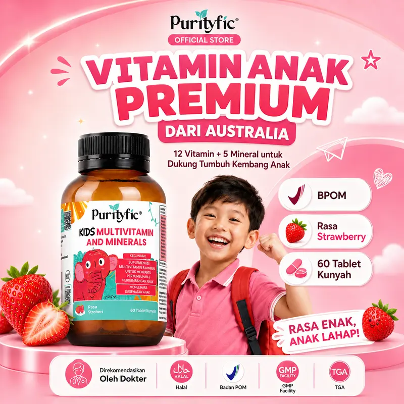 Purityfic Kids Multivitamin 12 Vitamin & 5 Mineral  - Vitamin Anak untuk Membantu Pertumbuhan & Perkembangan Anak dan Memelihara Kesehatan Anak | 60 Tablet Kunyah rasa Strawberry – Made in Australia