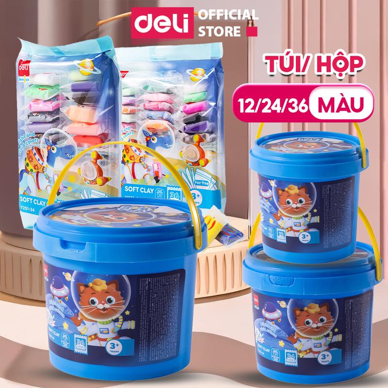 QUÀ GIÁNG SINH HANDMADE Đất sét tự khô Deli mềm mịn cho bé – 12 24 36 màu hộp nhựa có quai xách hoặc túi zip – chất an toàn không gây kích ứng