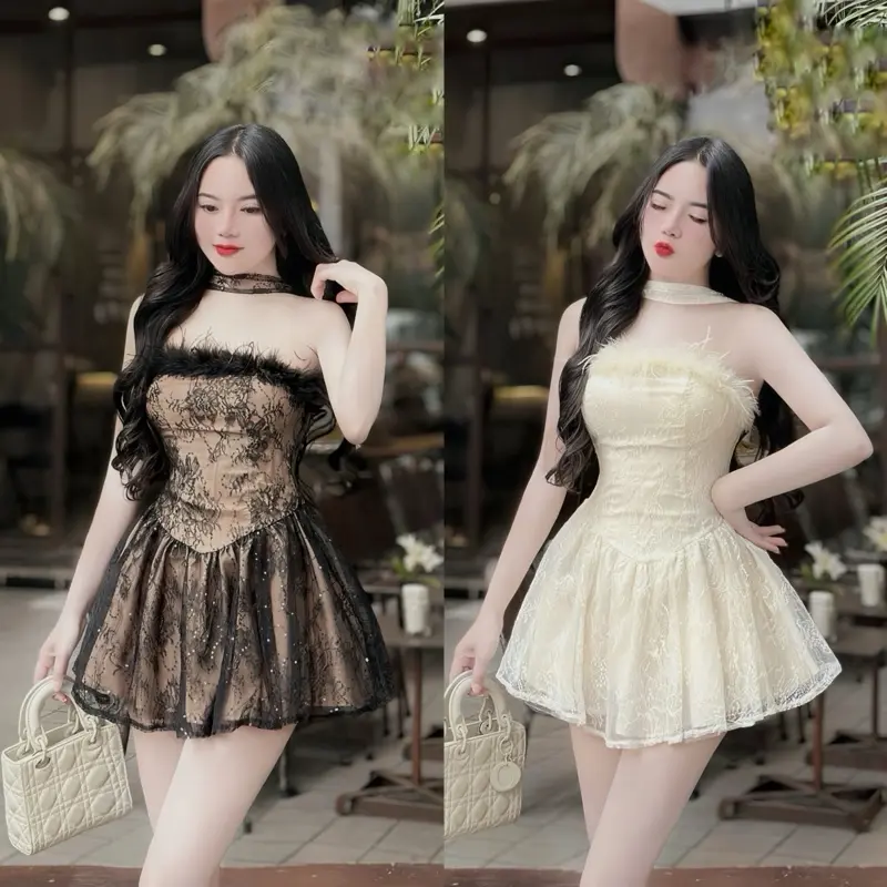 VÁY REN CÚP NG.ỰC VIỀN LÔNG 2 LỚP CÓ QUẦN BAO HỘ TÔN DÁNG