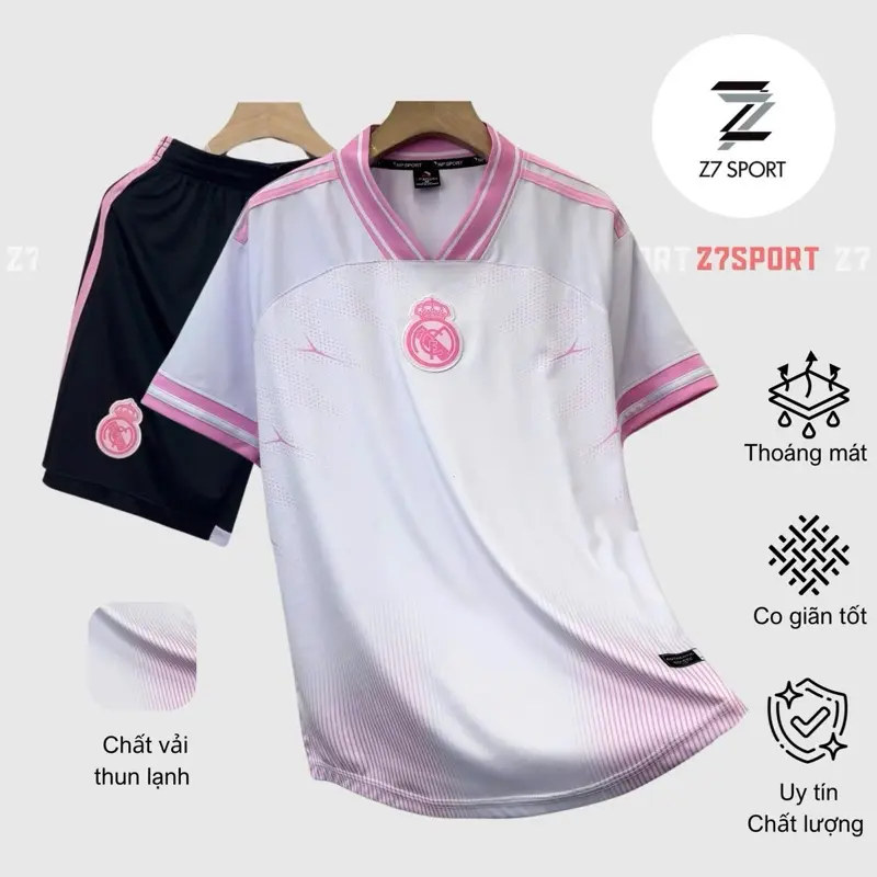 Bộ quần áo bóng đá, đồ đá banh REAL HỒNG logo THÊU vải thun lạnh  cao cấp loại I Top Sport