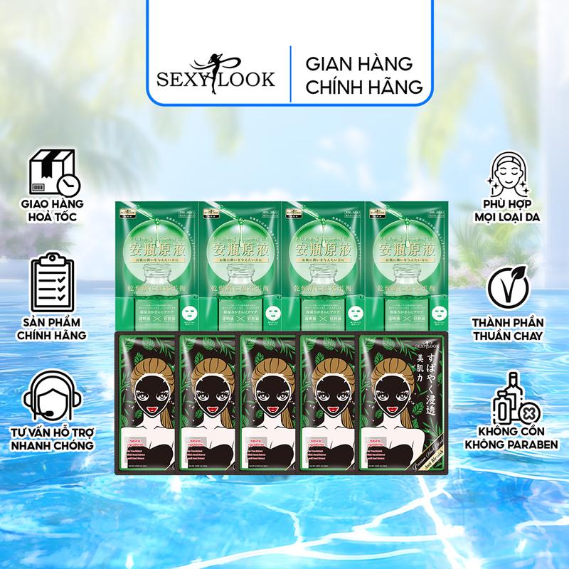 Combo Mặt Nạ Hỗ Trợ Giảm Mụn Dưỡng Ẩm Dưỡng Trắng Da Cùng Mặt Nạ Tinh Dầu (HSD T4-10/2026) và Mặt Nạ Đen Tràm Trà Sexylook (9 Miếng)
