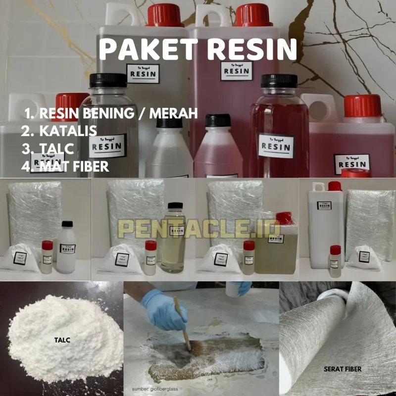 PAKET RESIN 500gr Bening Merah Bundle Hemat Katalis Mat Jushi Serat Fiber Talc Bahan Tambal Genteng Bocor Talang Tandon Air Kapal Perahu Body Motor Dembul Mobil Pengganti Lem Melekat Kuat Kerajinan Tangan Fiberglass Cetakan Murah Bagus Pentacle Malan 1