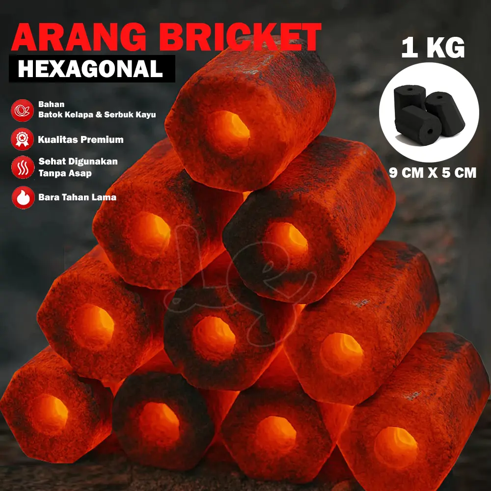 Arang Briket Batok Kelapa BBQ 1KG HEXAGONAL Bakaran Awet dan Tanpa Asap Premium Murah