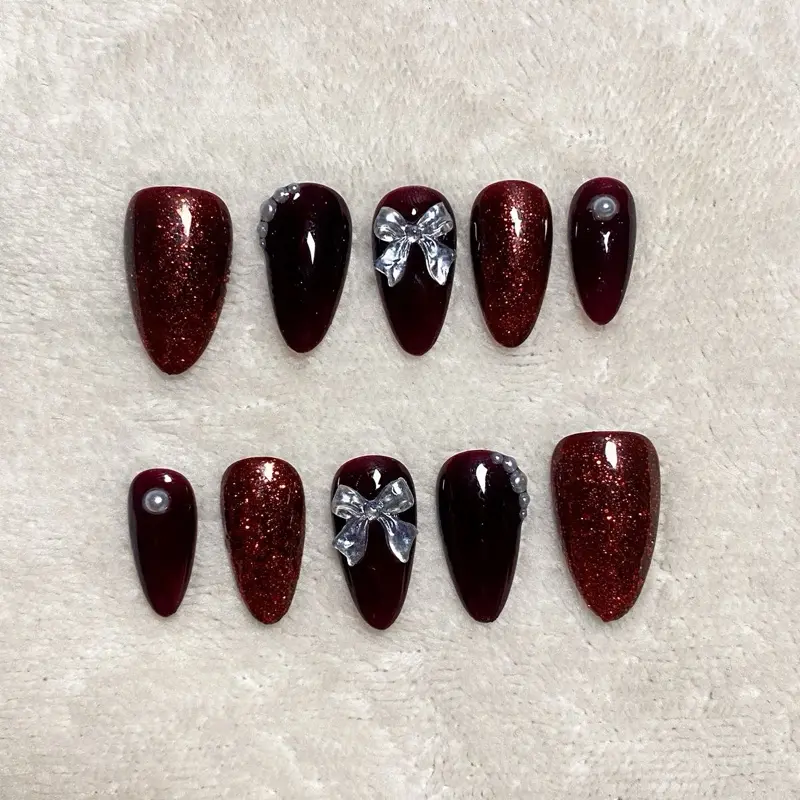 Kuku palsu/ nail art/ press on nails glitter warna maroon motif pita 3D nails Free Toolkit