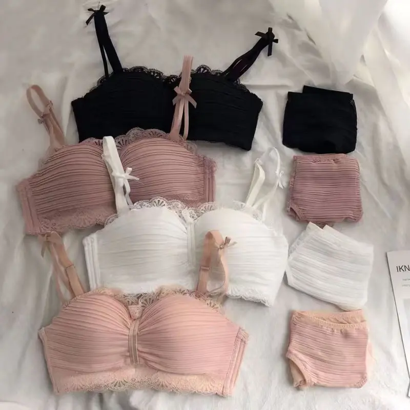 Set (Bra+Celana Dalam) kawat push-up anti-eksposur seksi pita jaring renda merah muda putri manis versi Korea 2