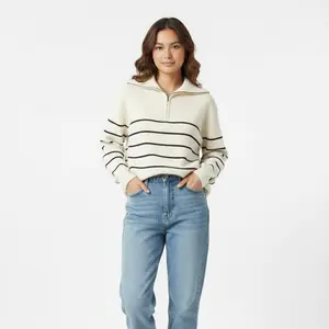 Luna Stripe Zipper Top Knit | Sweater Rajut Stripe Garis Oversize Wanita Kerah Seleting Korean