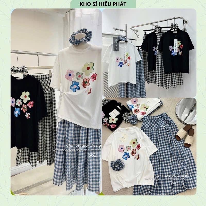   Xả Kho - Tặng Buộc Tóc   Set Áo In Hình Hoa Phối  Cùng Với Chân Váy Kẻ Dáng Dài  2 Màu Của Nữ Women BY HP 