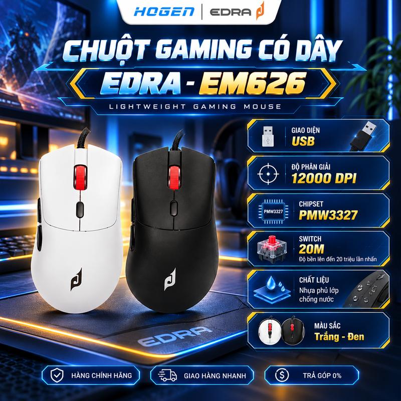 Chuột Gaming Có Dây Edra EM626 | USB | Led RGB | Cảm biến PMW3327 | 12000DPI | Black / White