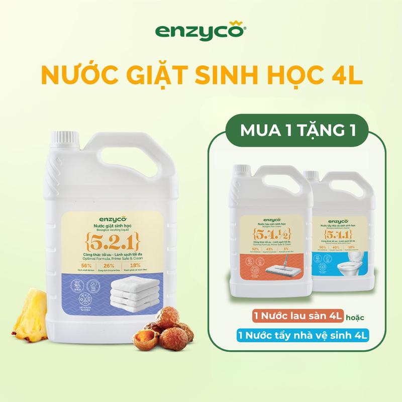 (HỎA TỐC - MUA 1 TẶNG 2) Nước giặt sinh học ENZYCO 4L - Chiết xuất Bồ hòn và Enzyme Dứa - Hương thơm từ Tinh Dầu Bạc Hà Tự Nhiên - Dùng cho máy giặt cửa trên - cửa trước - giặt tay