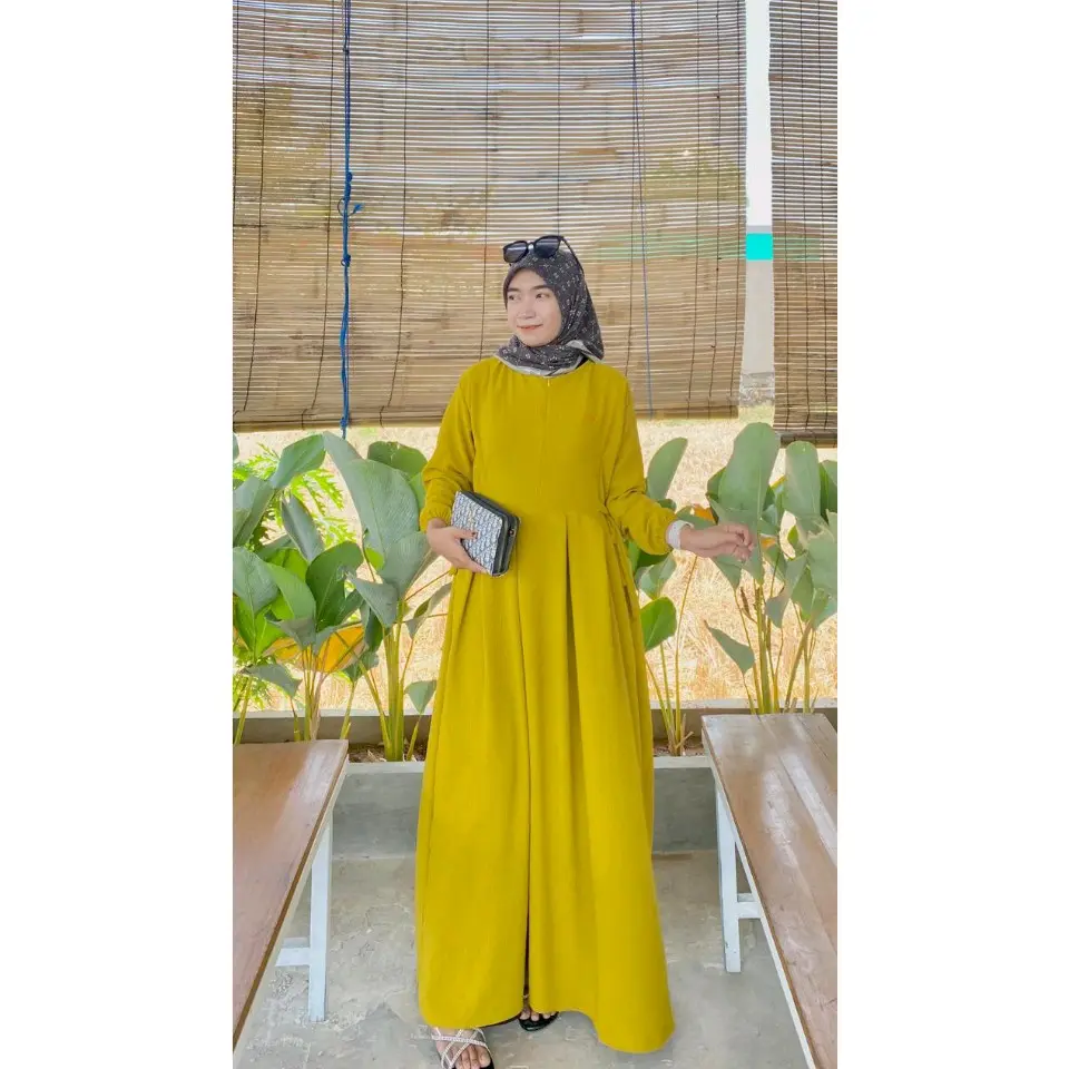 Gaun Kania Crinkle Airflow Muslim Polos Pas Transparent Nyaman Gamis dengan Kerah Leher Tutup dan Lengan Panjang Gembung