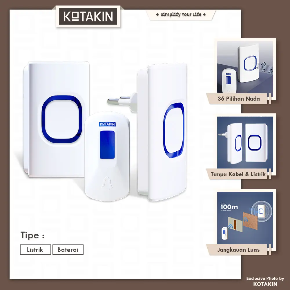 Bel Rumah Wireless Tanpa Kabel Bunyi Assalamualaikum Suara Nyaring Anti Air Outdoor Merek KOTAKIN