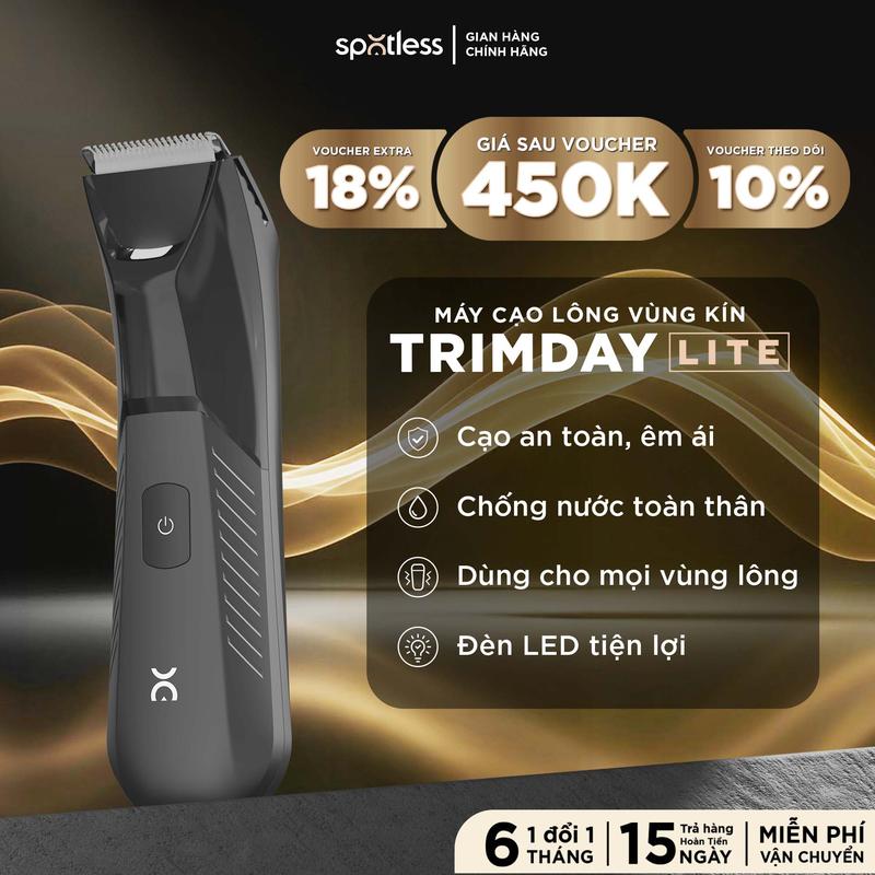 Che tên Máy cạo lông vùng kín nam SPOTLESS TRIMDAY LITE tích hợp công nghệ lưỡi cạo sứ công nghệ TRIMGUARD đèn LED soi sáng chống nước toàn thân - BH 6 tháng 1 đổi 1