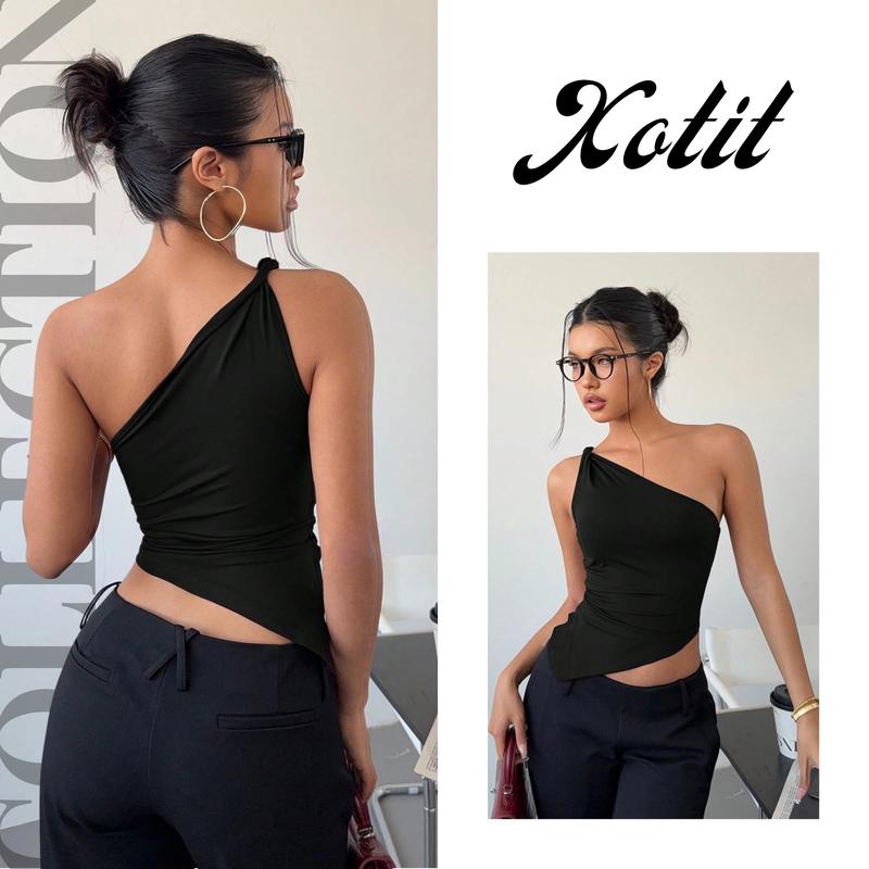 [Áo may 2 lớp] Áo lệch vai dây xoắn nữ chất thun thoáng mát co giãn tốt cho mùa hè XOTIT