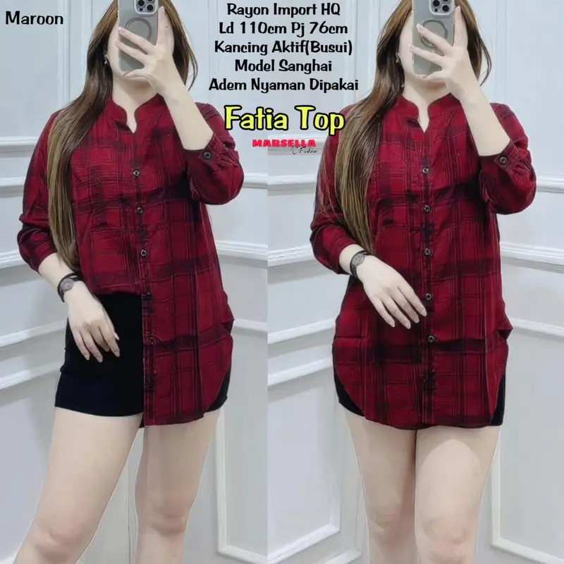 BLOUSE RAYON WANITA MOTIF KOTAK KOTAK TERBARU LENGAN 7/8 PAKAIAN WANITA BAJU ATASAN KEKINIAN 3