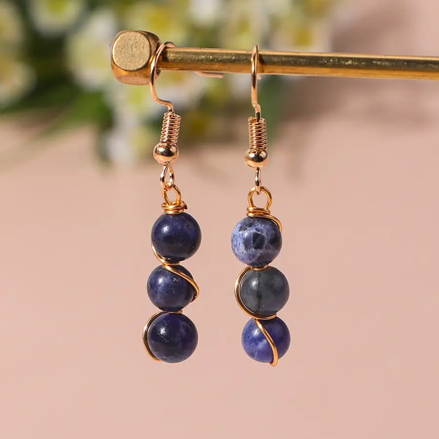 Classic style retro women's exquisite round bead blue patterned stone earrings earrings long ethnic style earrings